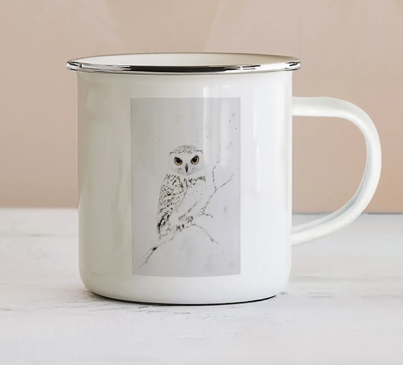 Elegante gufo bianco tazza in smalto da Carinaprint