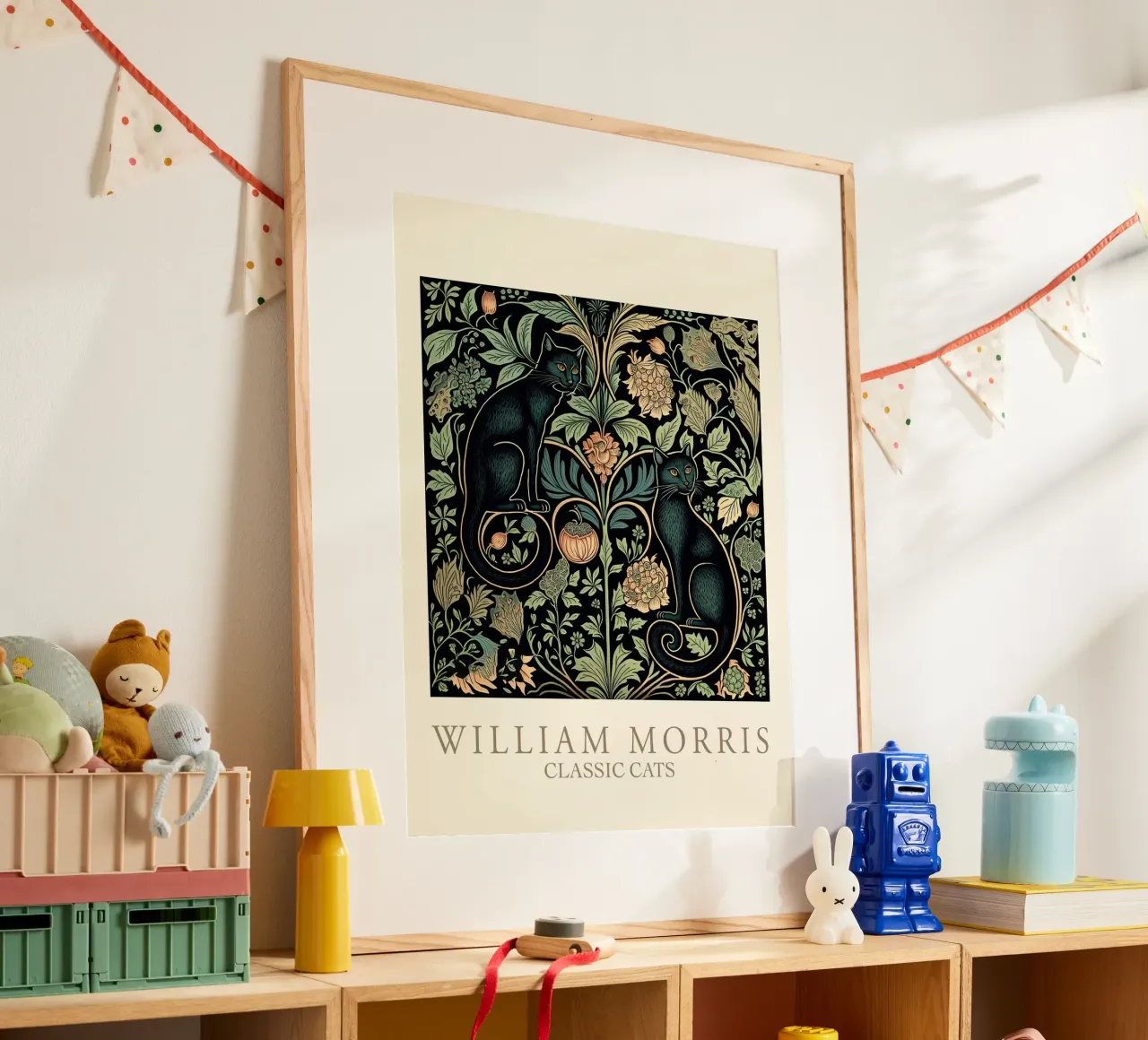 William Morris Classic Cats - Chats noirs à motif floral poster avec cadre en aluminium de Peaches Art Prints