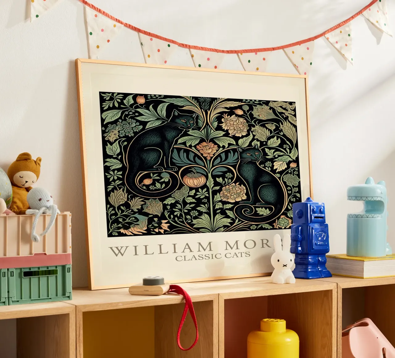 William Morris Classic Cats - Chats noirs à motif floral poster avec cadre en aluminium de Peaches Art Prints
