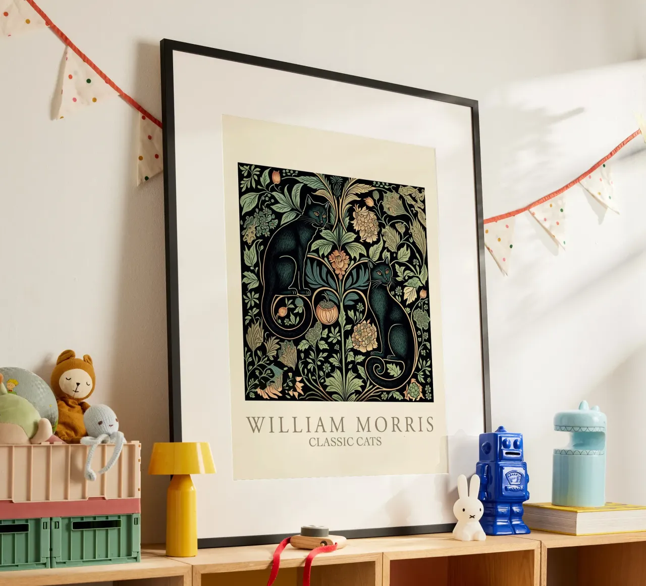 William Morris Classic Cats - Chats noirs à motif floral poster avec cadre en aluminium de Peaches Art Prints