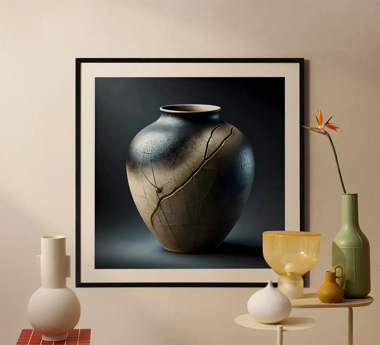 Kintsugi Vase – Schönheit in der Unvollkommenheit Poster mit Holzrahmen von scHio