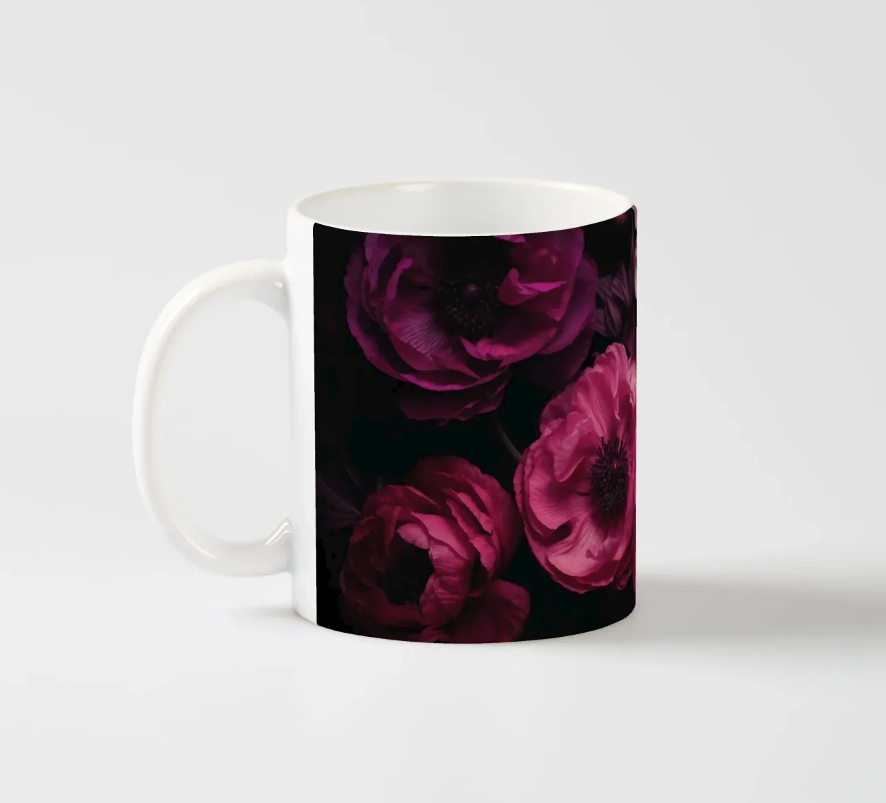 Moody Dark Pink Peony And Ranunculus ceramic mug by Andrea Haase Floral Passion