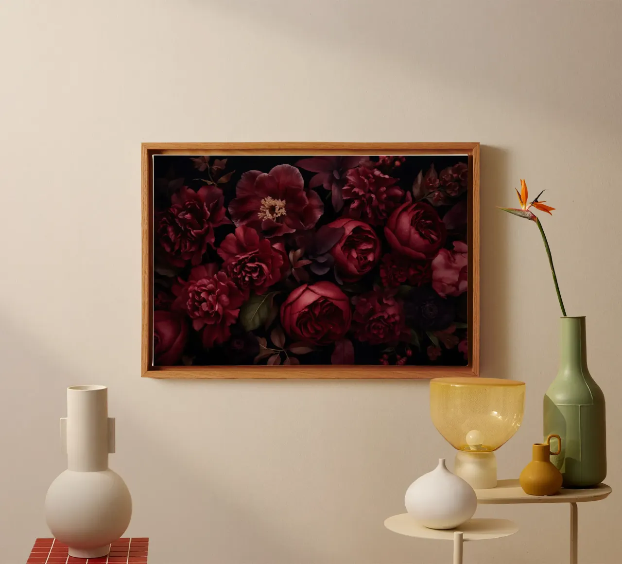 Beschaduwde botanische weelde karmozijnrood canvas met Baklijst van Andrea Haase Floral Passion