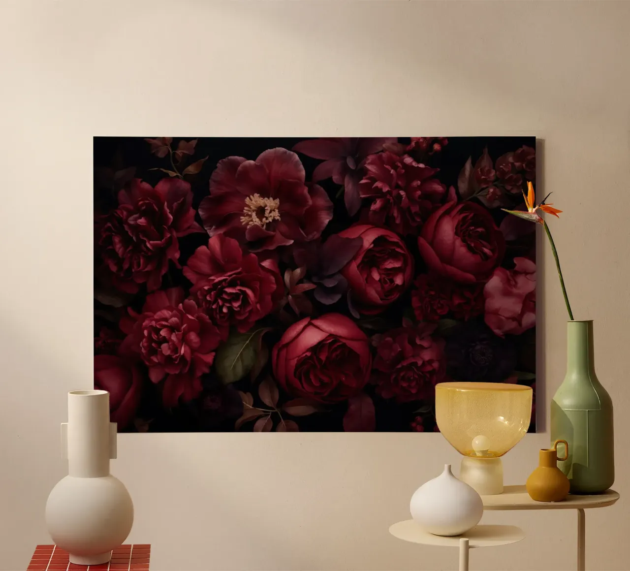 Beschaduwde botanische weelde karmozijnrood canvas met Baklijst van Andrea Haase Floral Passion