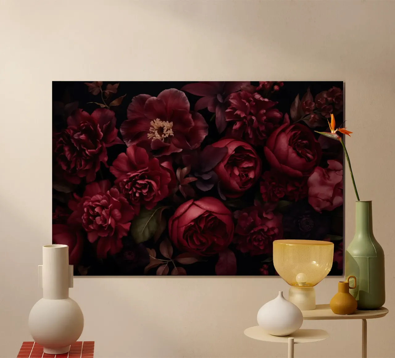 Beschaduwde botanische weelde karmozijnrood poster met kunststof frame van Andrea Haase Floral Passion