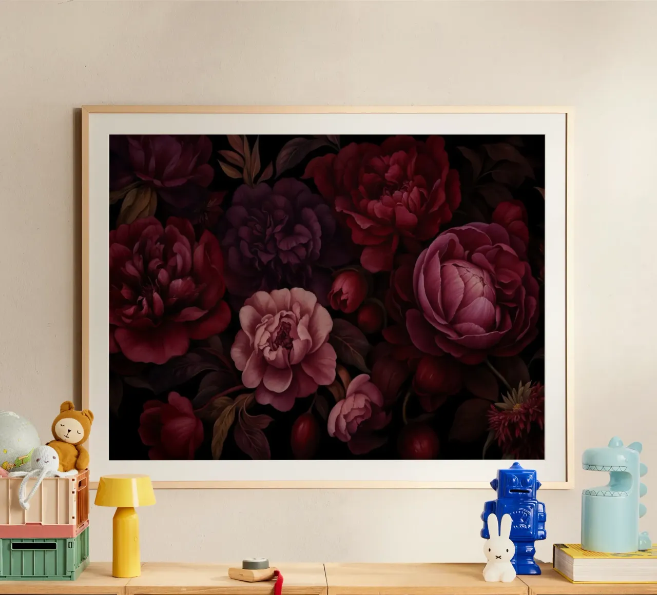 Grandezza vittoriana Fiori grandi rosso borgogna poster con telaio in legno da Andrea Haase Floral Passion