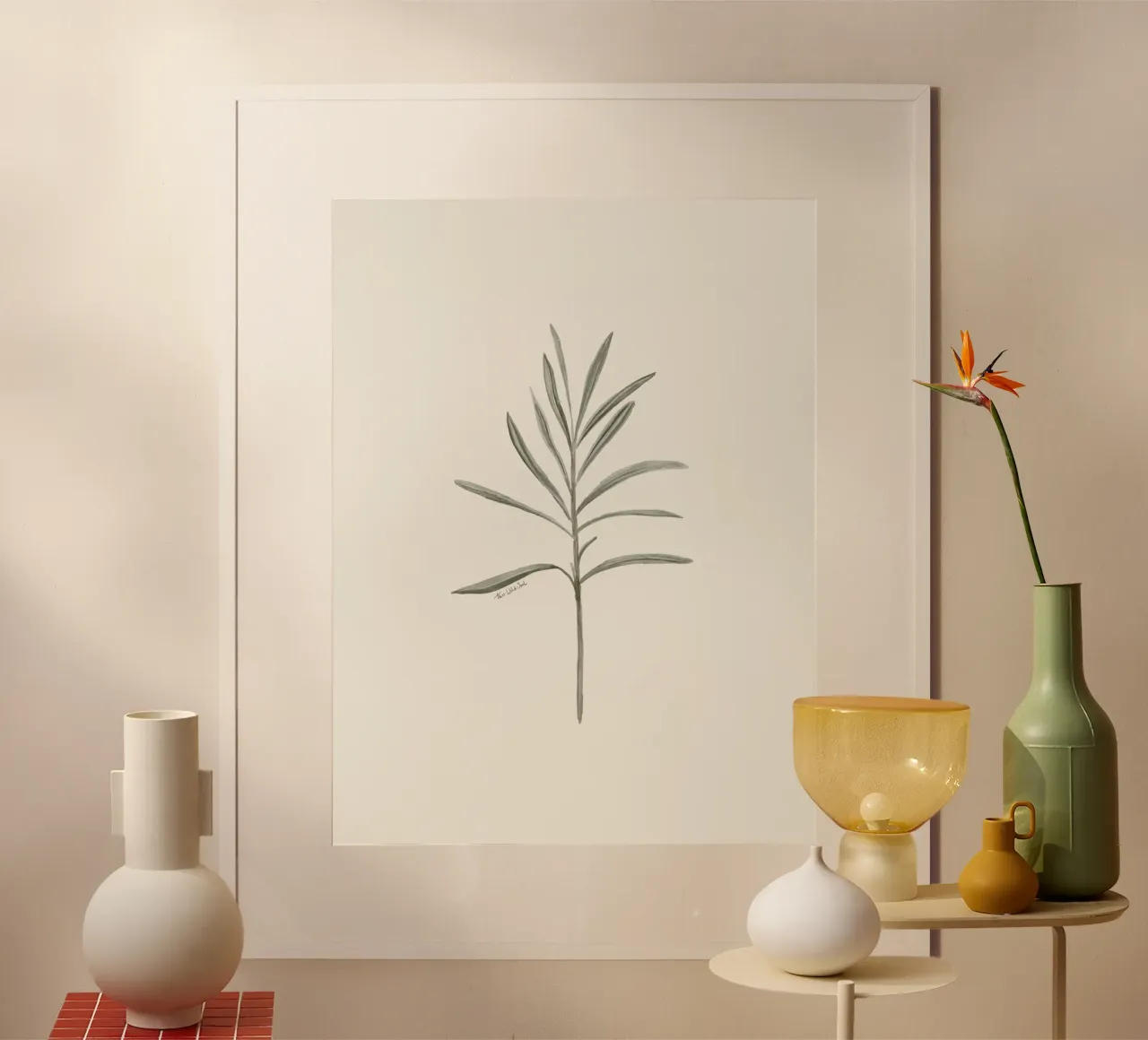 Minimalistische rozemarijn blaadjes Boho crème achtergrond poster met kunststof frame van This Wild Soul - Illustration