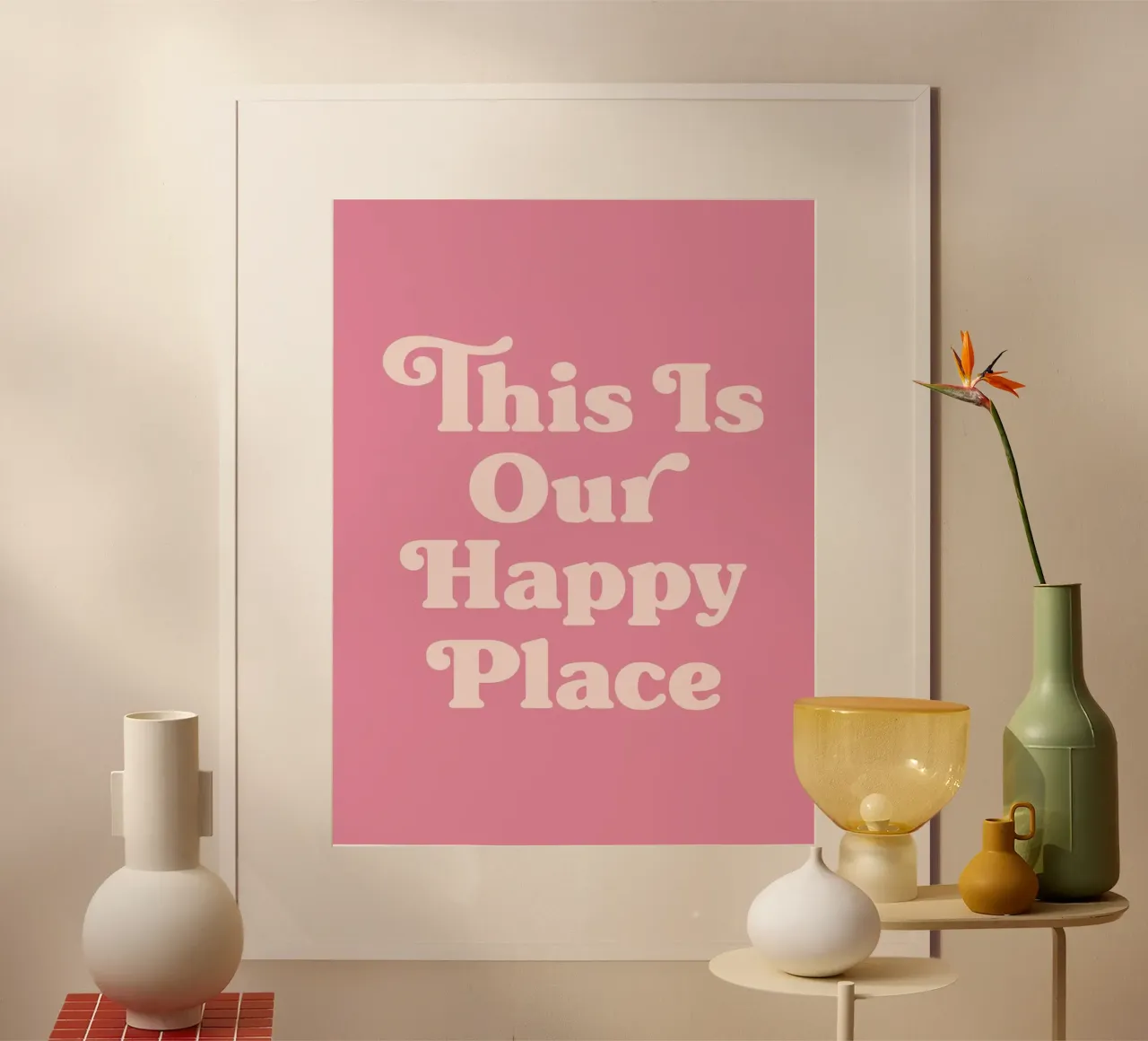 This Is Our Happy Place Zitat (Rosa Ton) Poster mit Aluminium Rahmen von Paigaam Studio