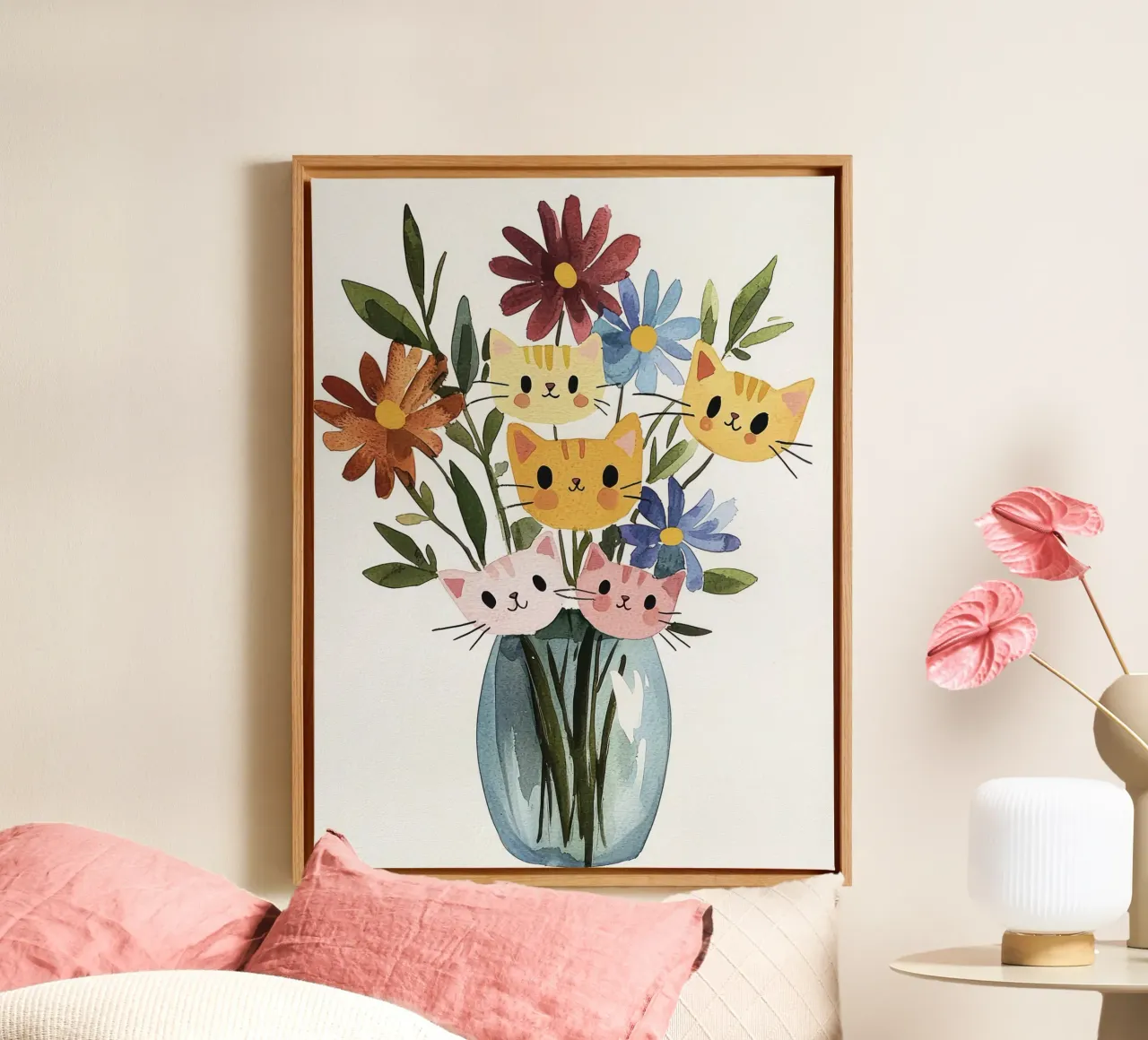 Bouquet di fiori di gatto, pittura ad acquerello tela con Cornice a cassetta da Peaches Art Prints