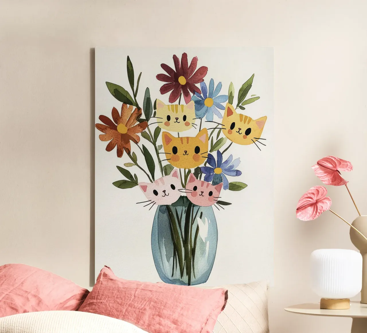 Bouquet di fiori di gatto, pittura ad acquerello tela con Cornice a cassetta da Peaches Art Prints