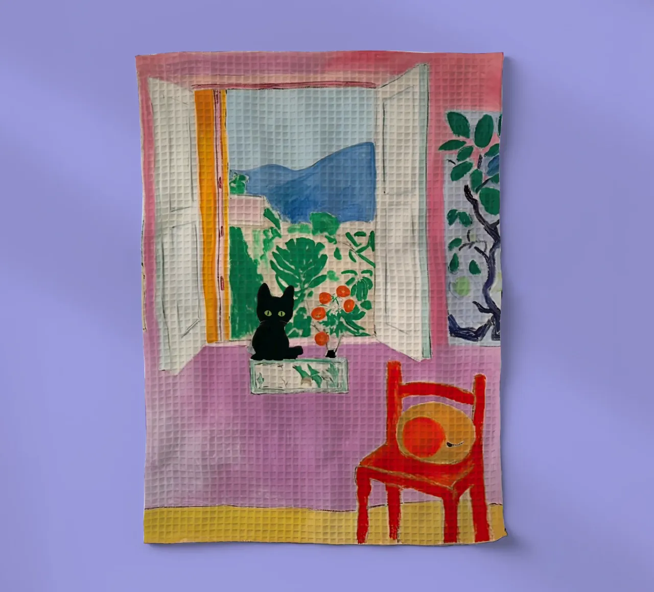 Matisse Open Window, Black Cat And Plants tea towel by Peaches Art Prints
