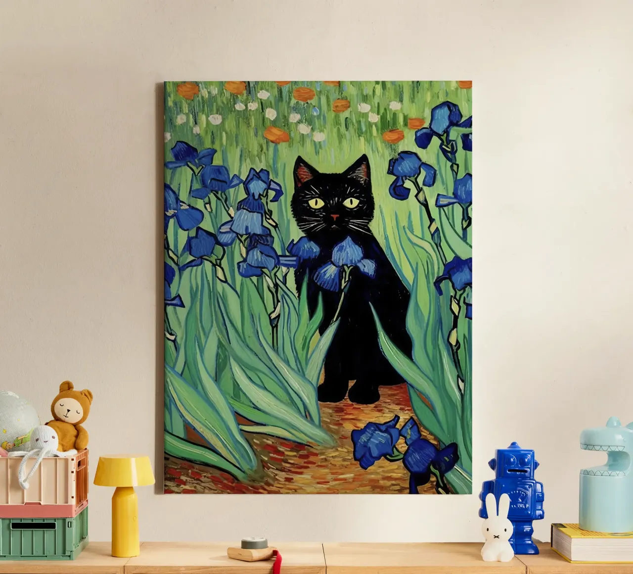 Vang Gogh, quadro Iris con gatto nero tela da Peaches Art Prints