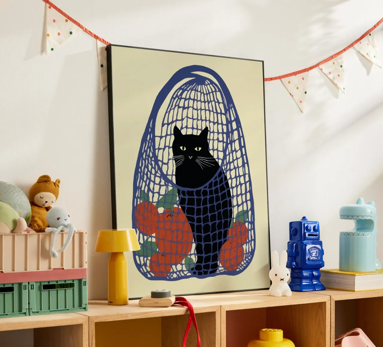 Back Cat in a Red Net Bag With Oranges alu-dibond by Peaches Art Prints