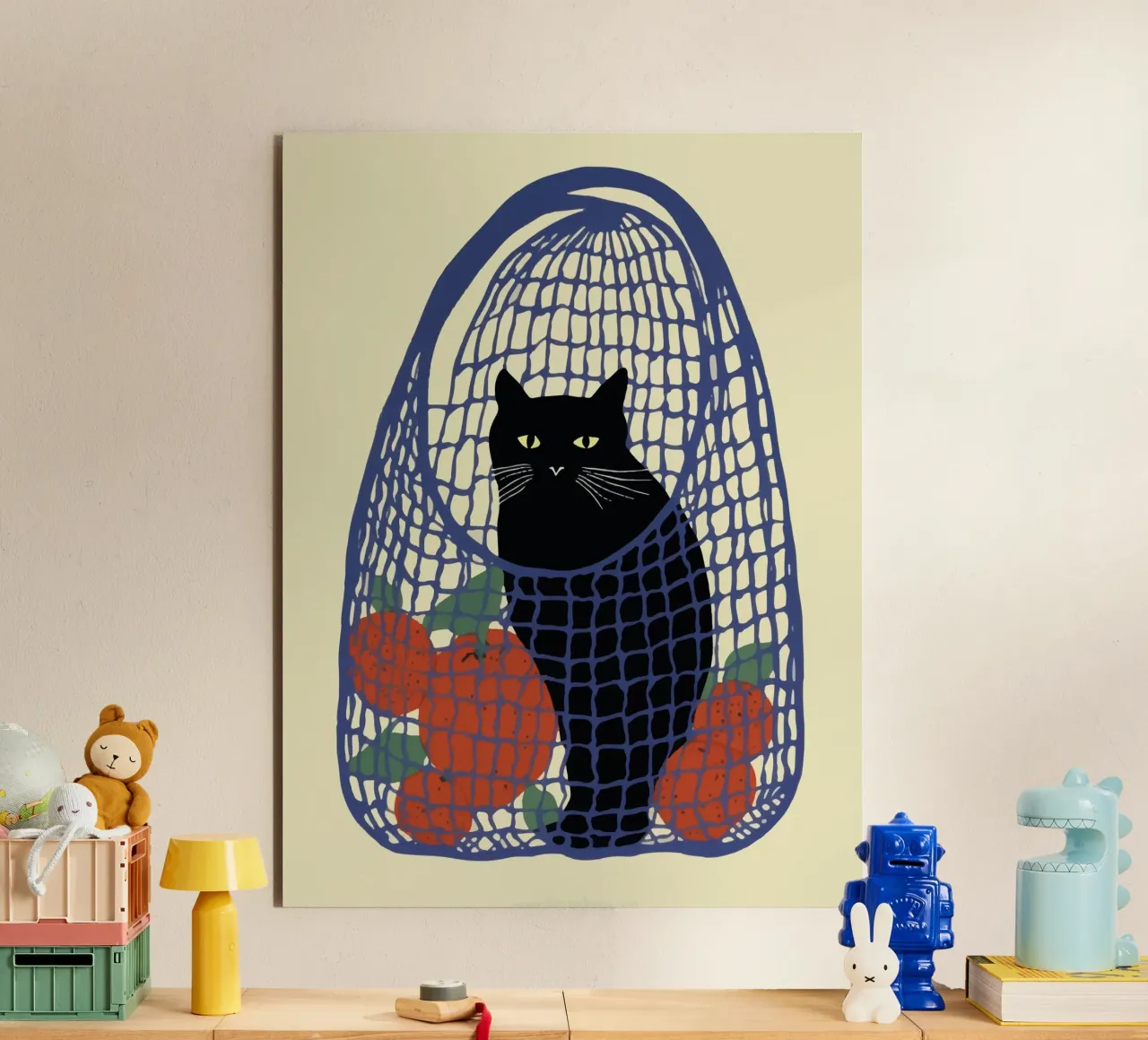 Back Cat in a Red Net Bag With Oranges alu-dibond by Peaches Art Prints