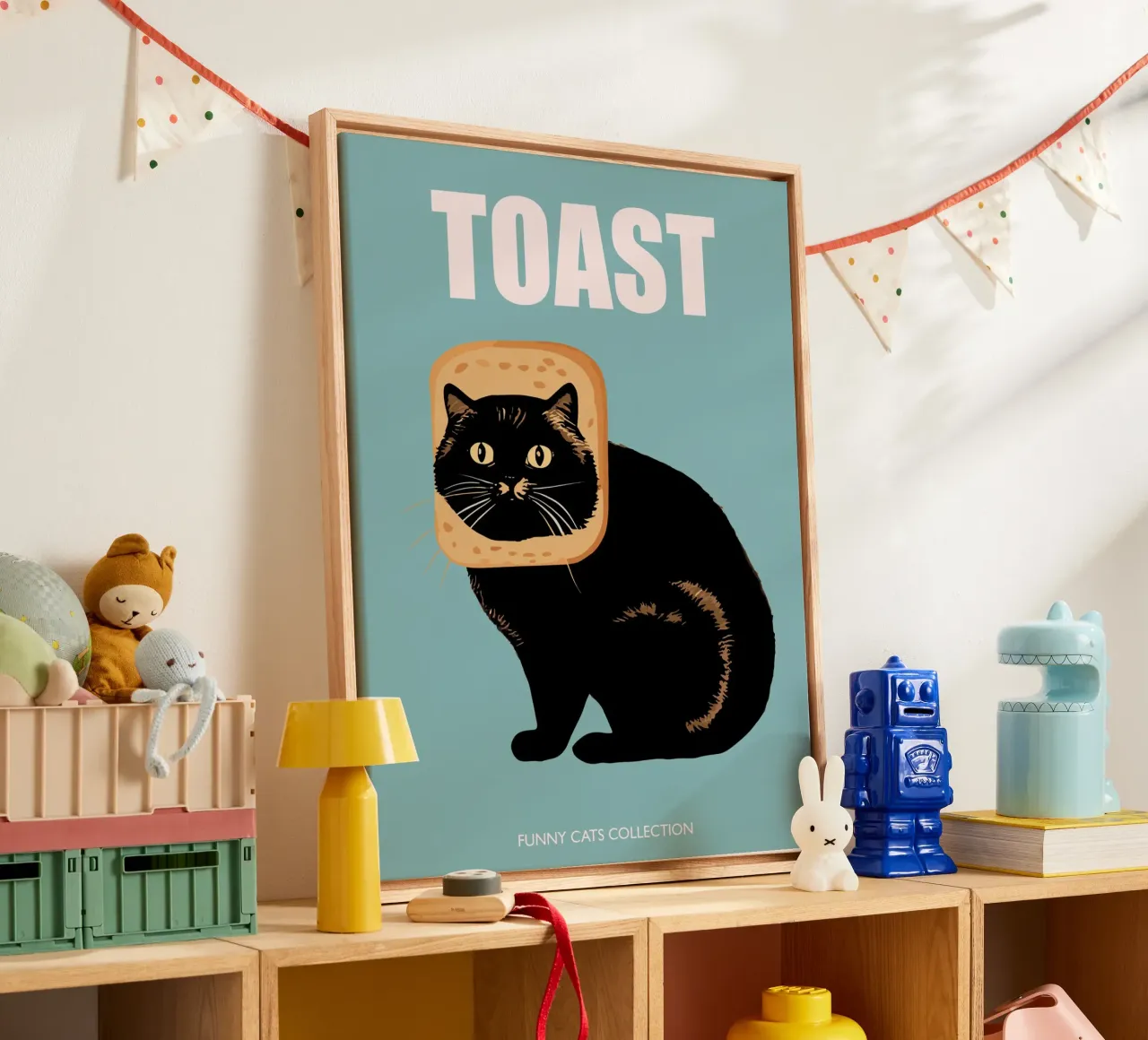Toast Cat Grappige Dieren Collectie in Blauw canvas met Baklijst van Peaches Art Prints