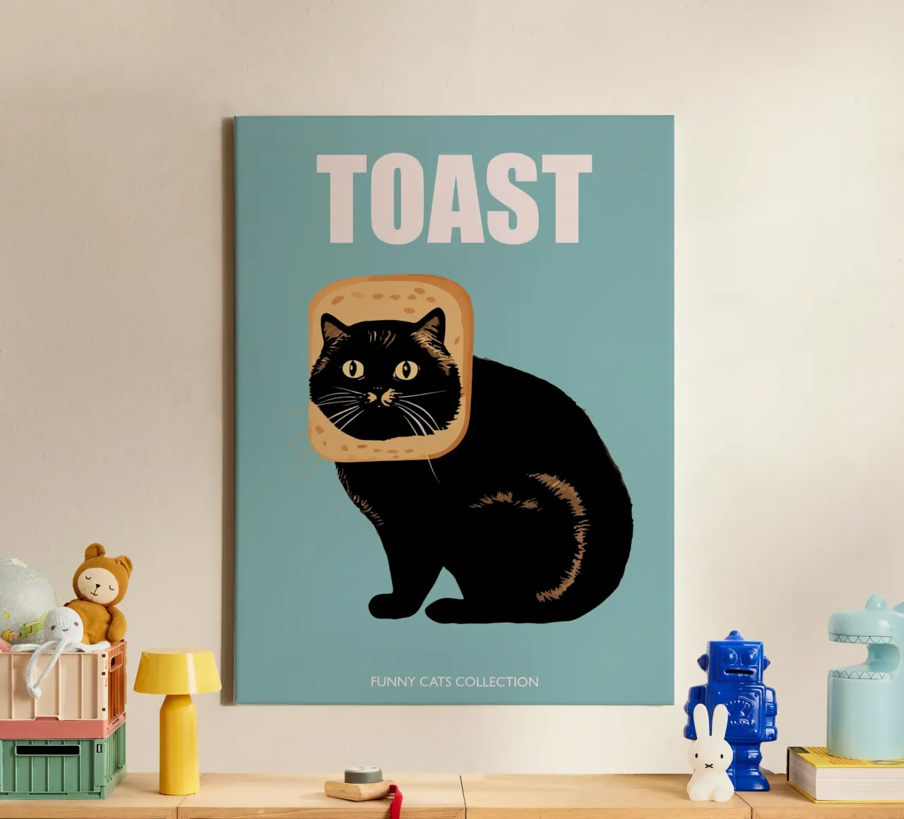 Toast Cat Grappige Dieren Collectie in Blauw canvas met Baklijst van Peaches Art Prints