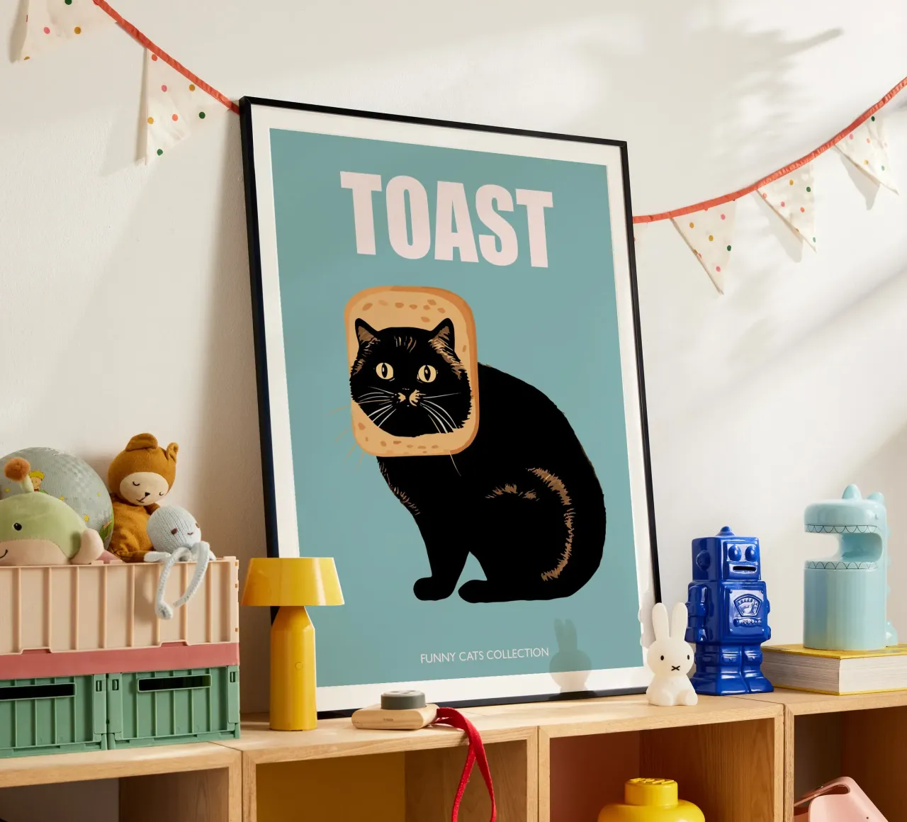 Collezione di animali divertenti Toast Cat in blu poster da Peaches Art Prints