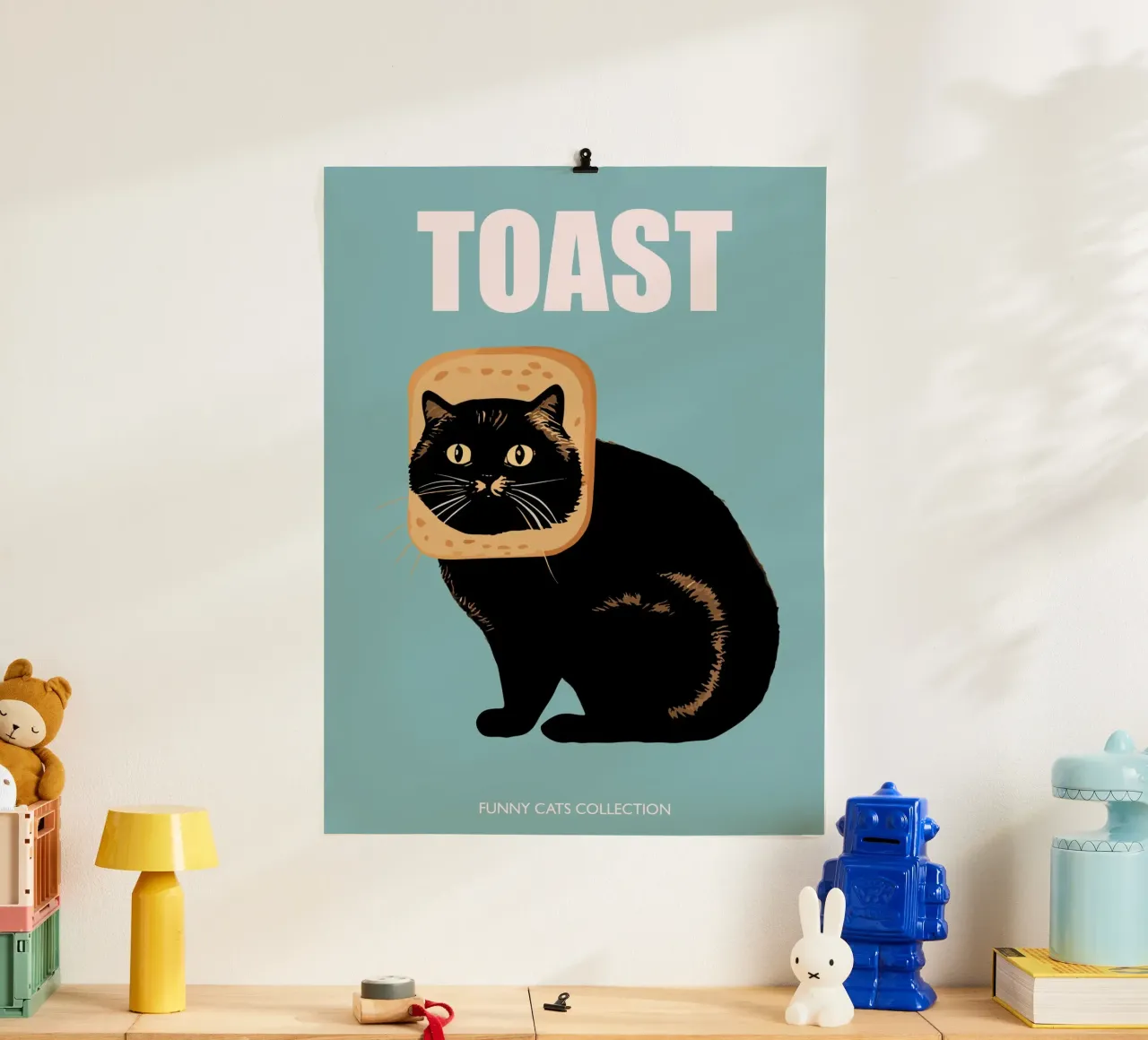 Collezione di animali divertenti Toast Cat in blu poster da Peaches Art Prints