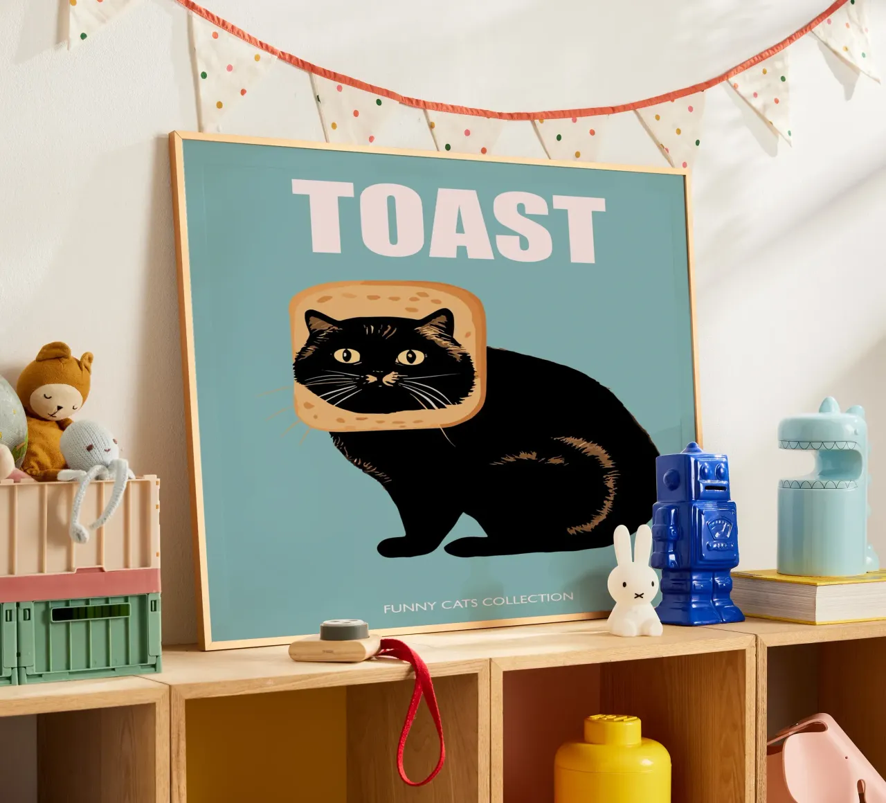 Collezione di animali divertenti Toast Cat in blu poster da Peaches Art Prints