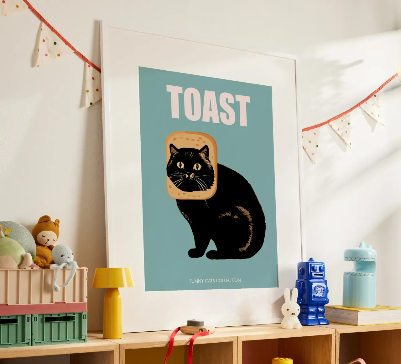 Collezione di animali divertenti Toast Cat in blu poster da Peaches Art Prints