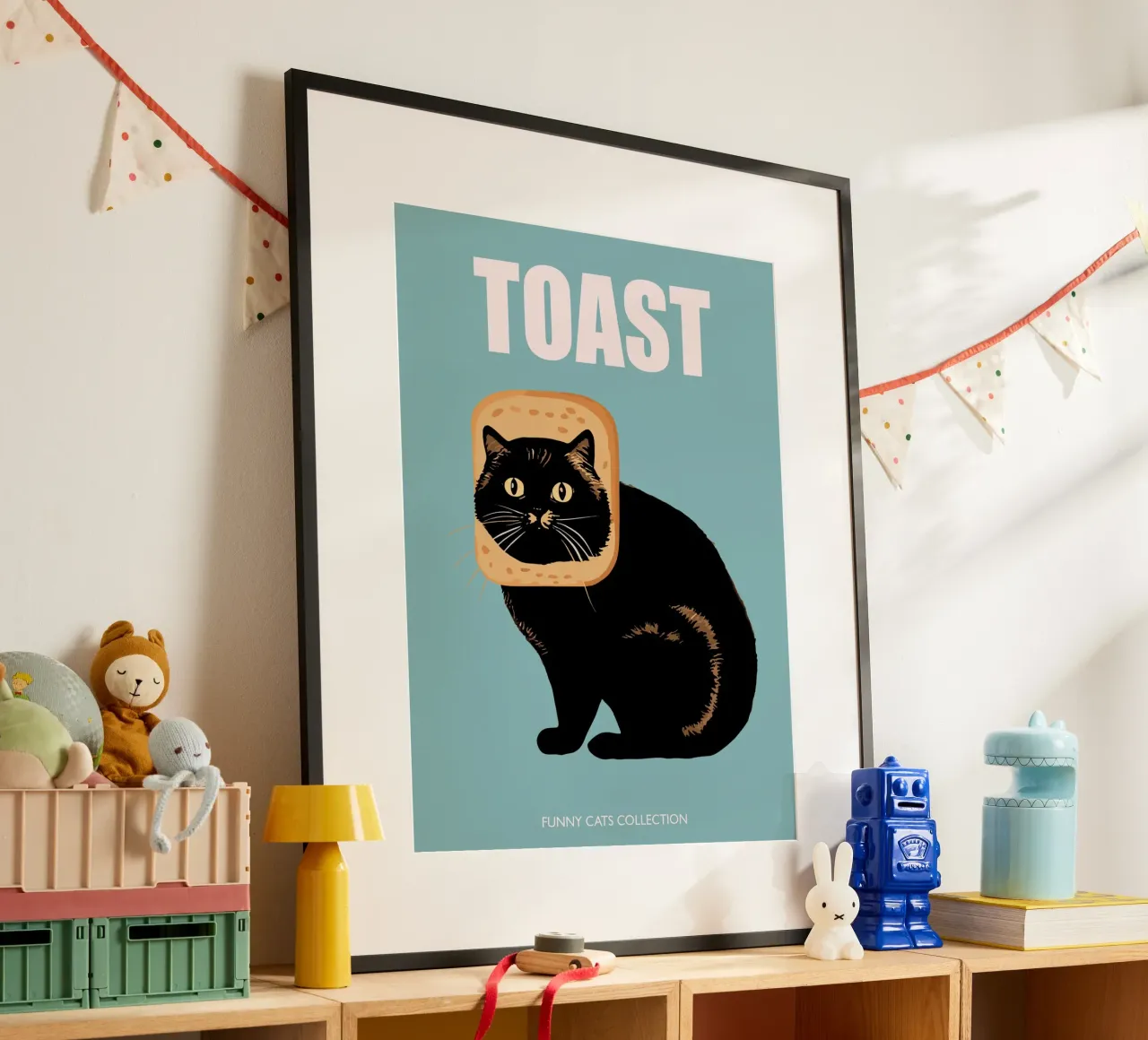 Collezione di animali divertenti Toast Cat in blu poster da Peaches Art Prints
