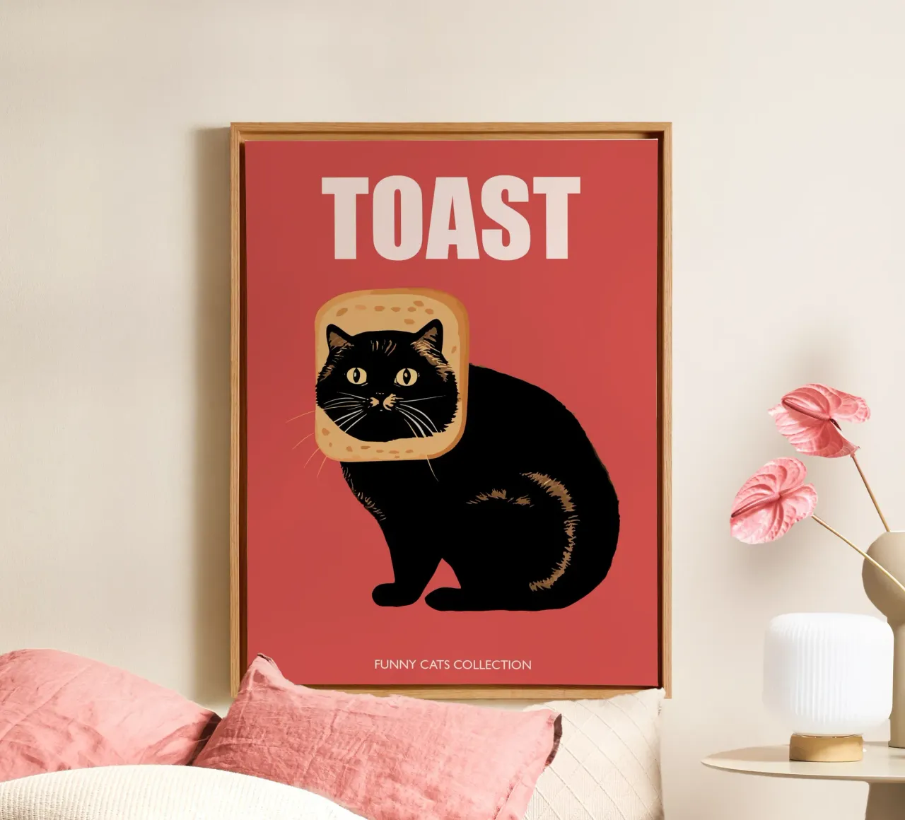Toast Cat Funny Animals Collection in Red canvas with Floater frame by Peaches Art Prints