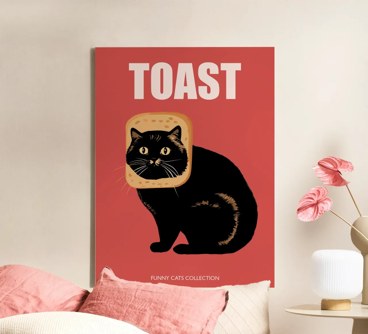 Toast Cat Funny Animals Collection in Red canvas with Floater frame by Peaches Art Prints