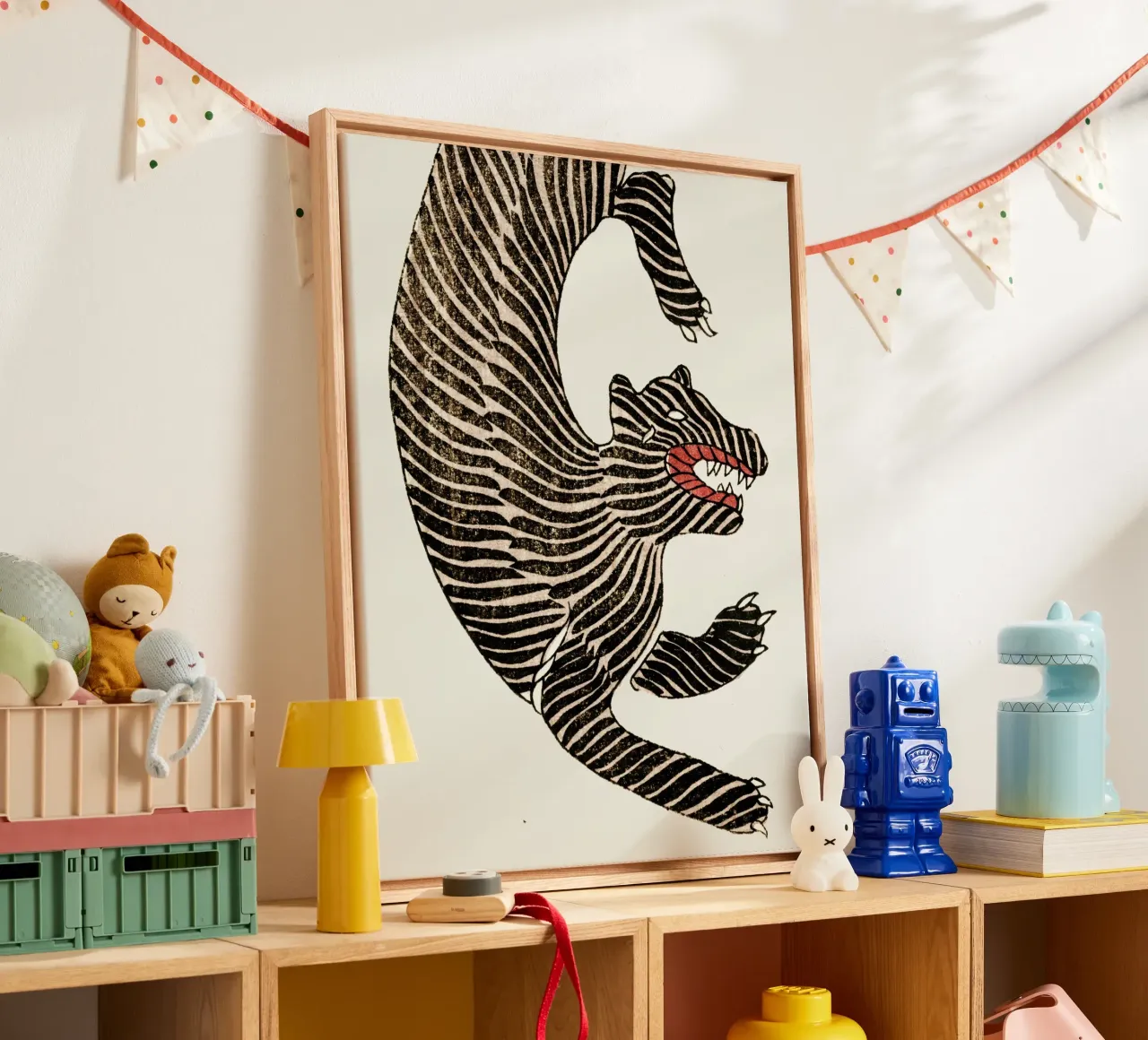 Japanse tijger Links Kunst Vintage Kunst canvas met Baklijst van Peaches Art Prints