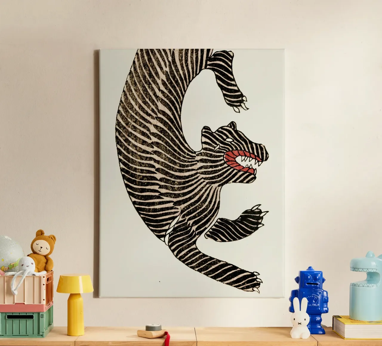 Japanse tijger Links Kunst Vintage Kunst canvas met Baklijst van Peaches Art Prints