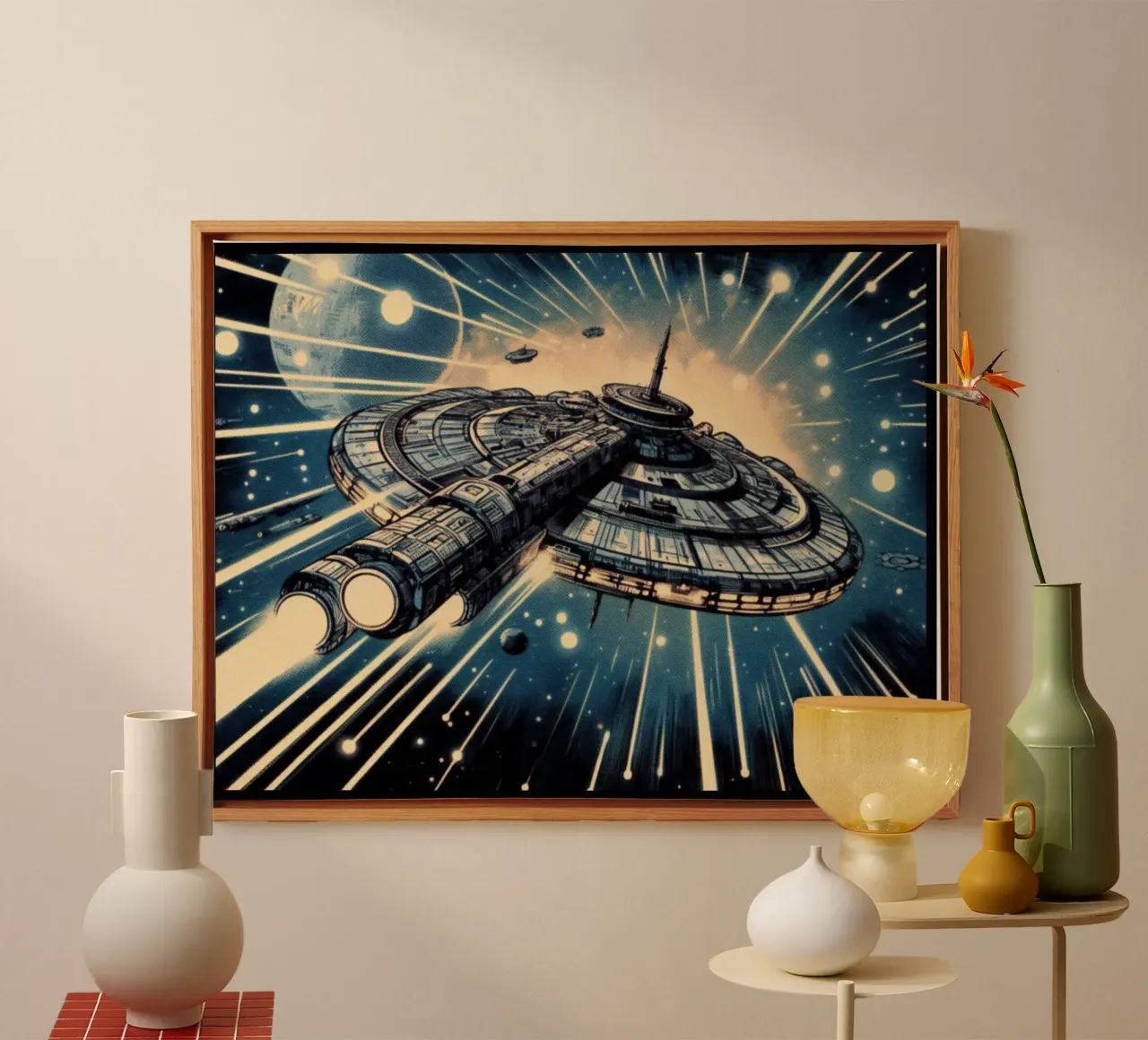 Spaceship - Vintage poster print canvas with Floater frame by posterprints-by-nomad