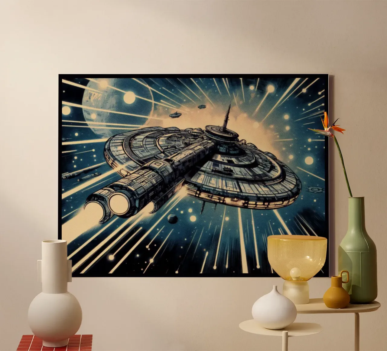 Spaceship - Vintage poster print canvas with Floater frame by posterprints-by-nomad