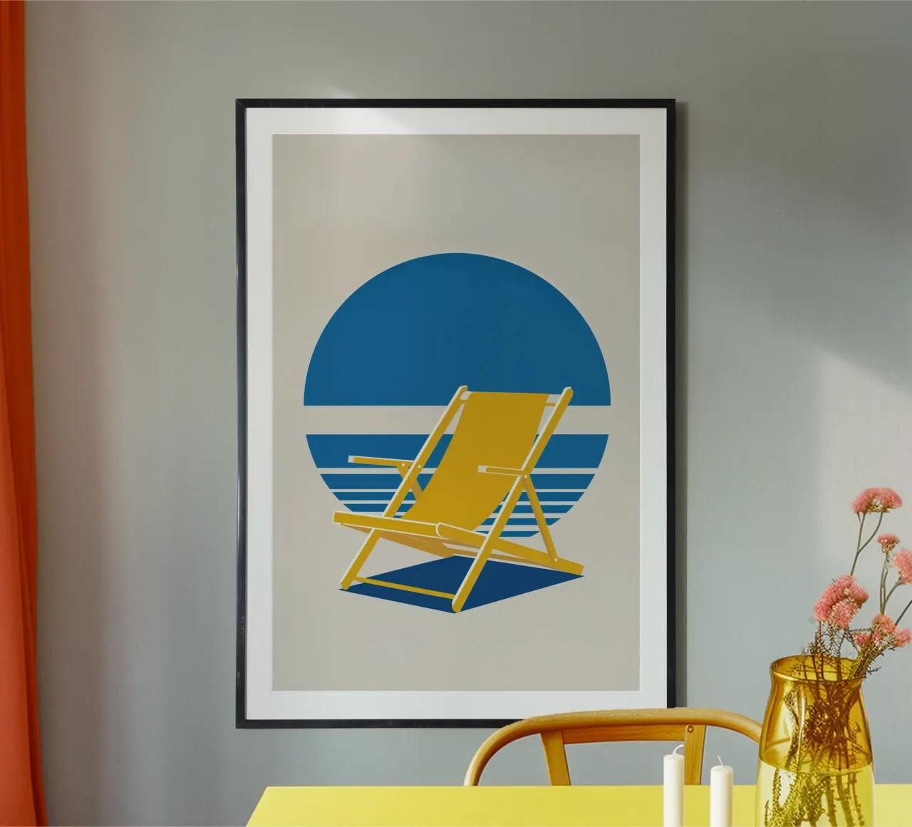 Graphic Art of a Sylt Beach Chair at Sunset poster con telaio in alluminio da AlbertKlee