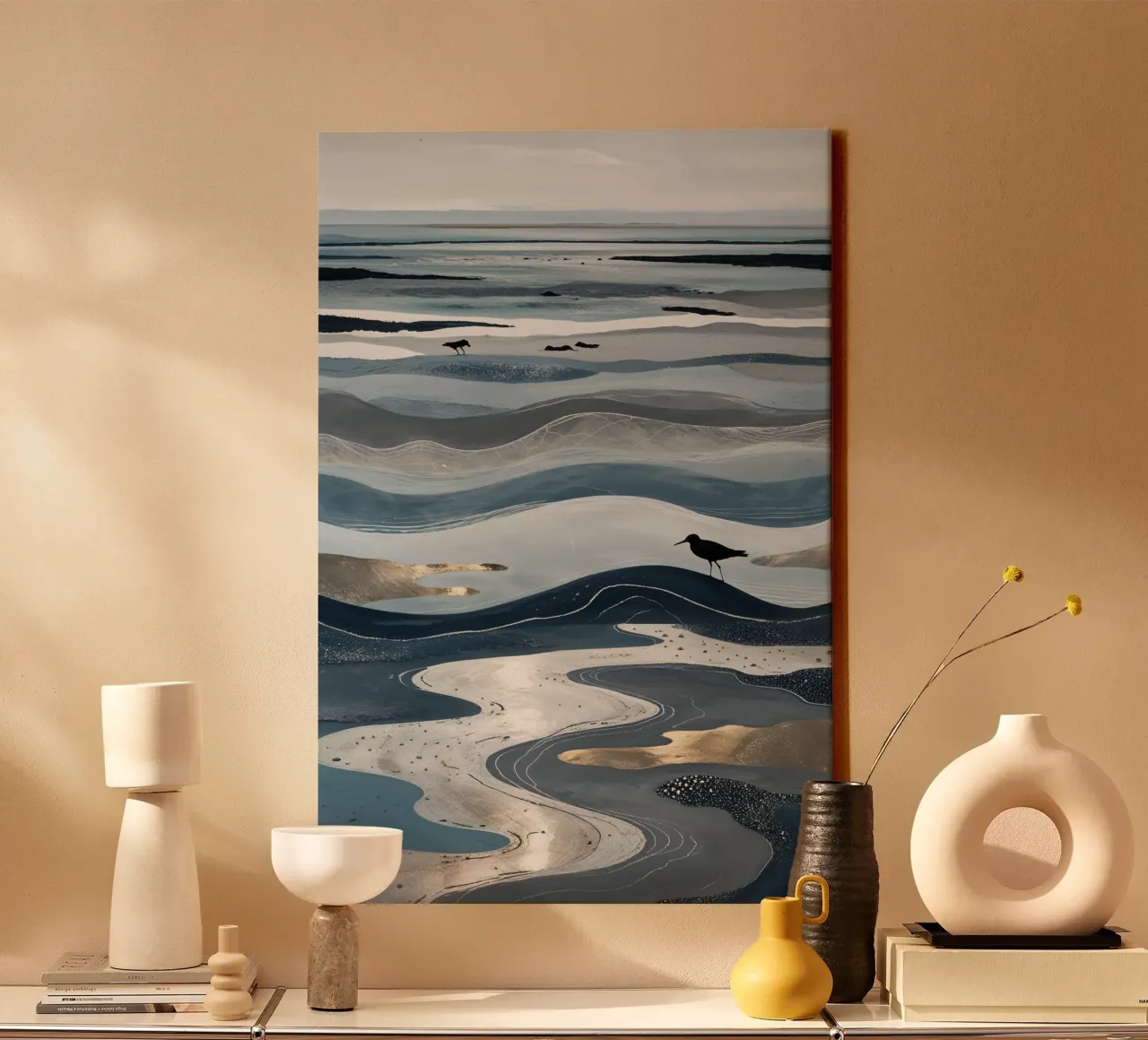 Tidal Waves and Bird Silhouettes on Wadden Sea tela con Cornice a cassetta da AlbertKlee