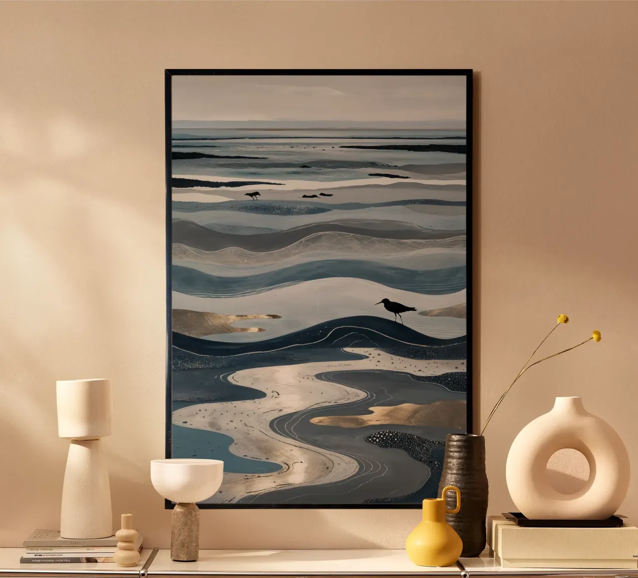 Tidal Waves and Bird Silhouettes on Wadden Sea poster con telaio in legno da AlbertKlee