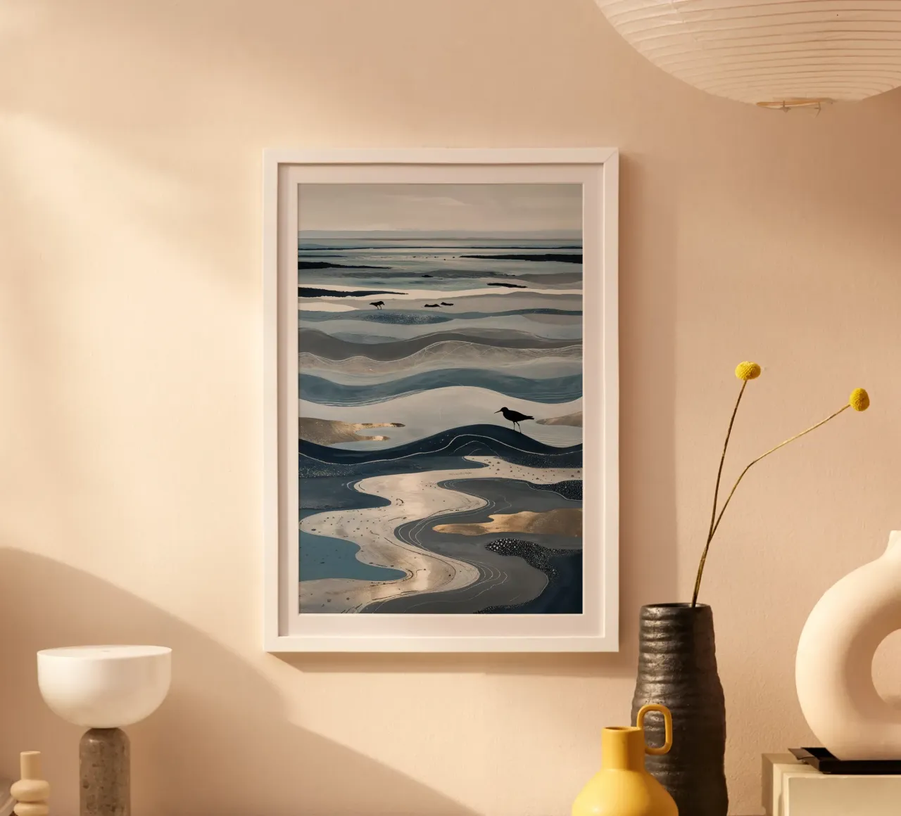 Tidal Waves and Bird Silhouettes on Wadden Sea poster con telaio in legno da AlbertKlee