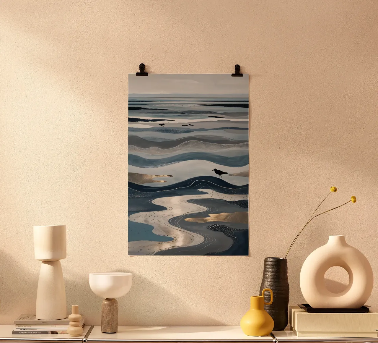 Tidal Waves and Bird Silhouettes on Wadden Sea poster con telaio in legno da AlbertKlee