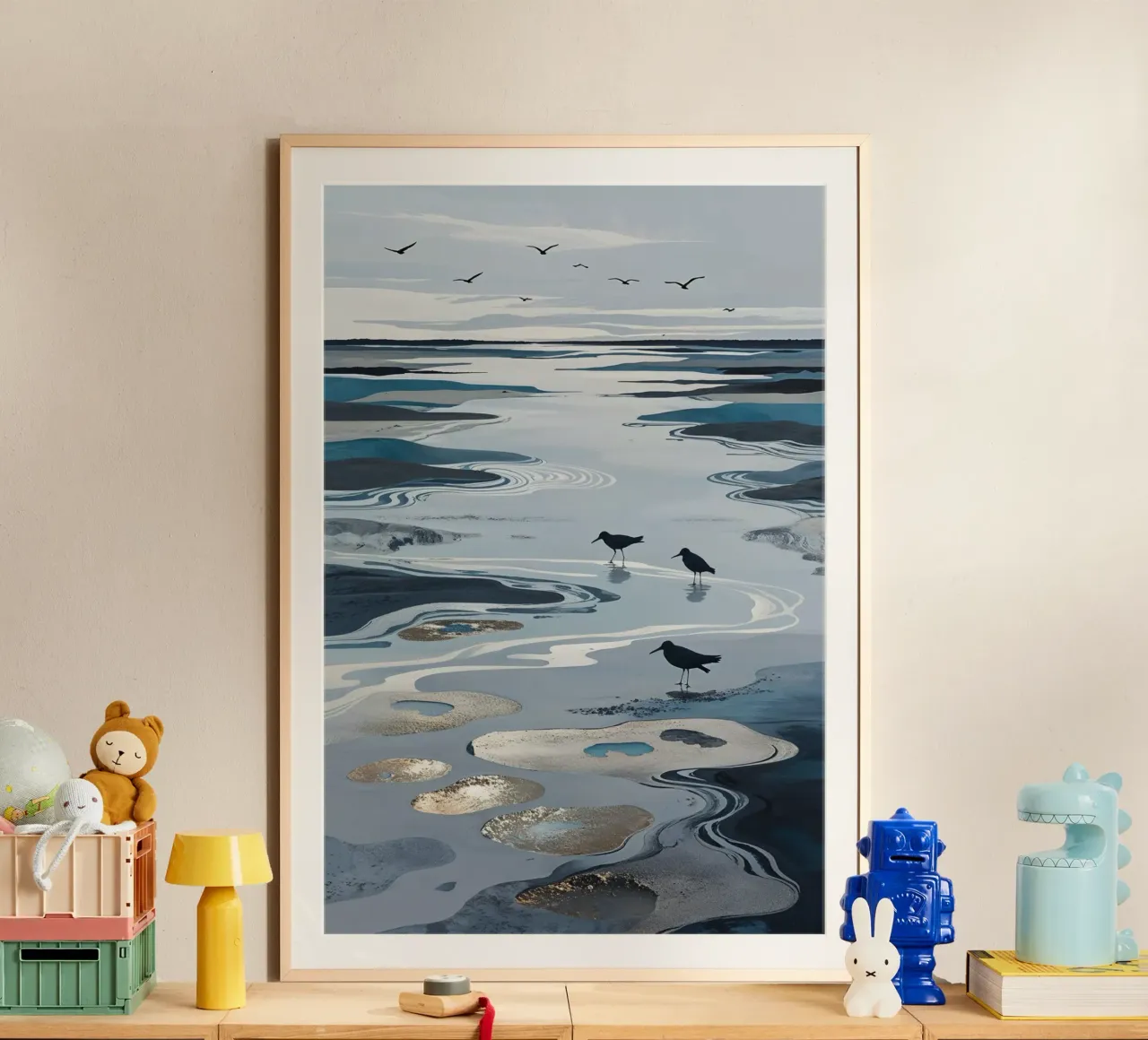 Seabirds in the Dreamlike Wadden Sea poster con telaio in legno da AlbertKlee