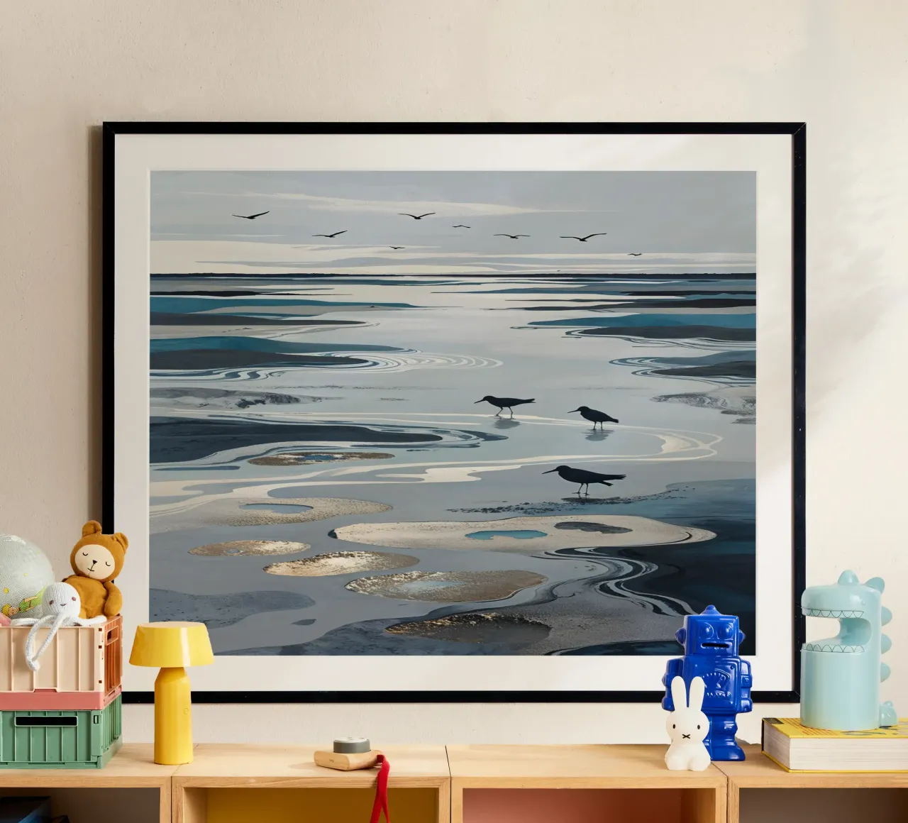 Seabirds in the Dreamlike Wadden Sea poster con telaio in legno da AlbertKlee