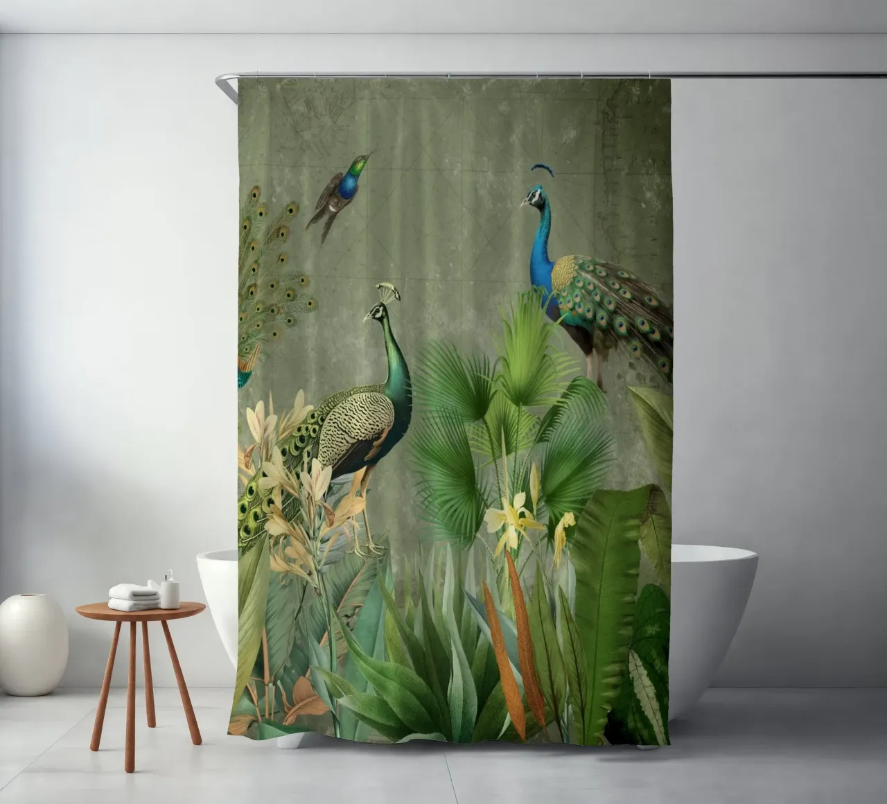 Mappa vintage della giungla con uccelli blu esotici Giardino tropicale tenda da doccia da Vintage World - Uta Naumann