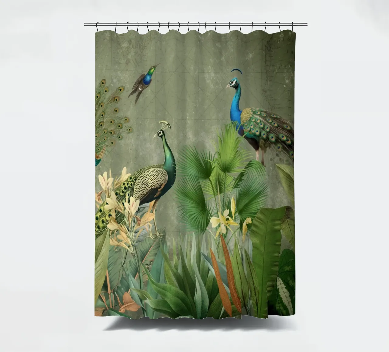 Mappa vintage della giungla con uccelli blu esotici Giardino tropicale tenda da doccia da Vintage World - Uta Naumann
