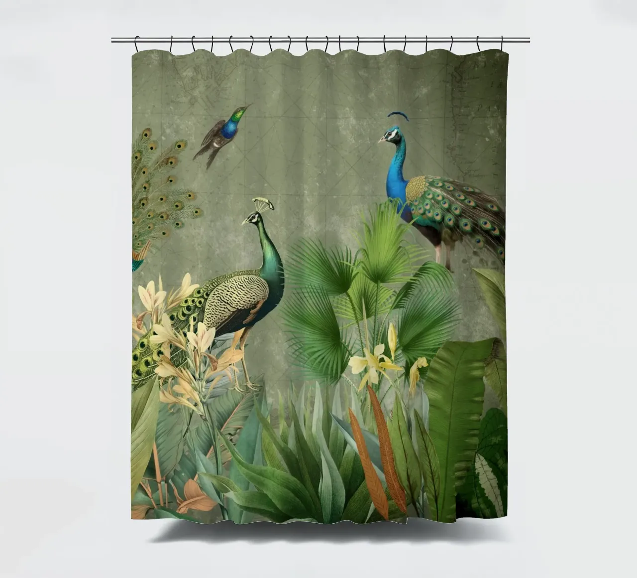 Mappa vintage della giungla con uccelli blu esotici Giardino tropicale tenda da doccia da Vintage World - Uta Naumann