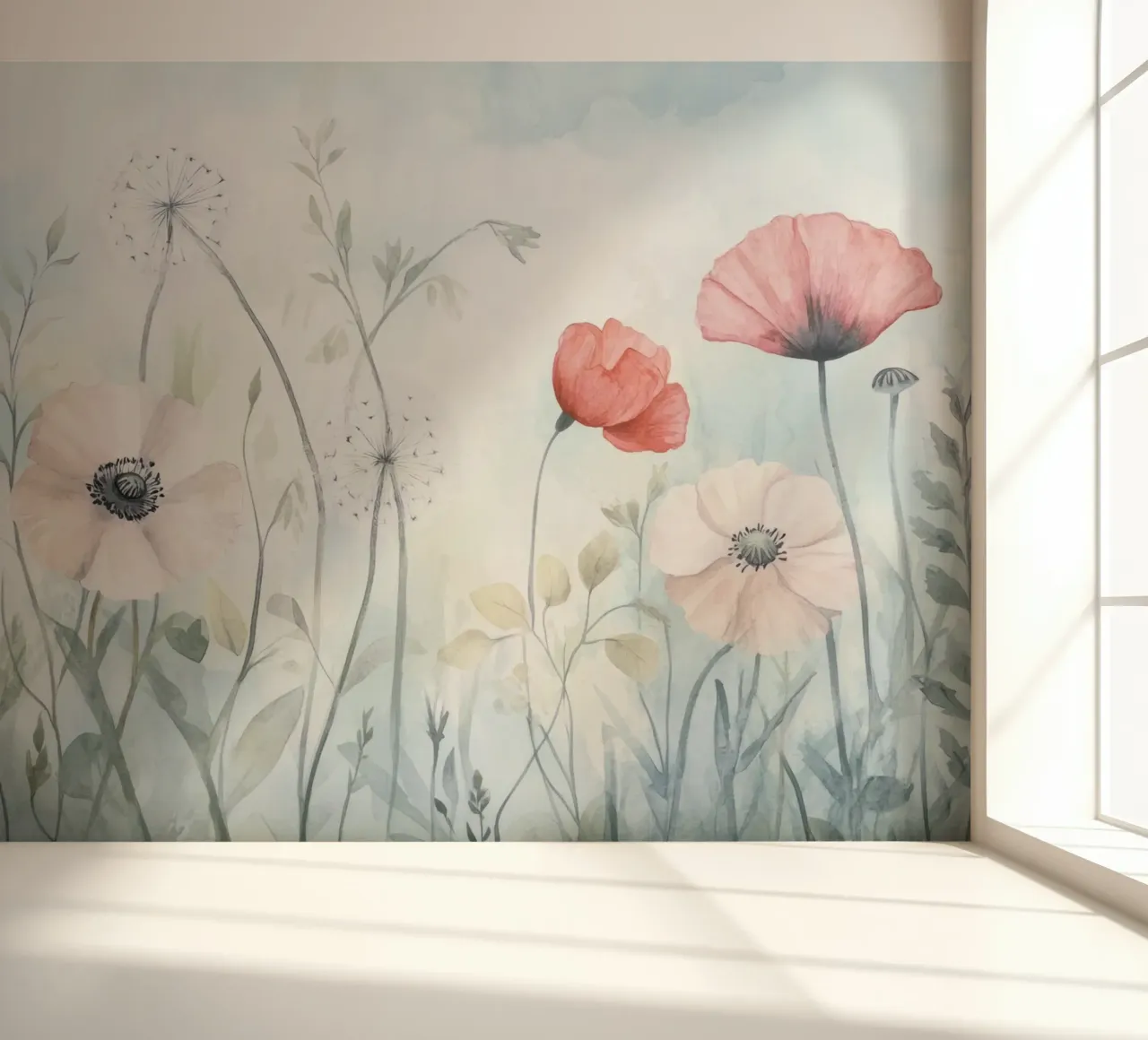 Papaveri acquerellati Prato di fiori selvatici carta da parati fotografica da Modern Muse