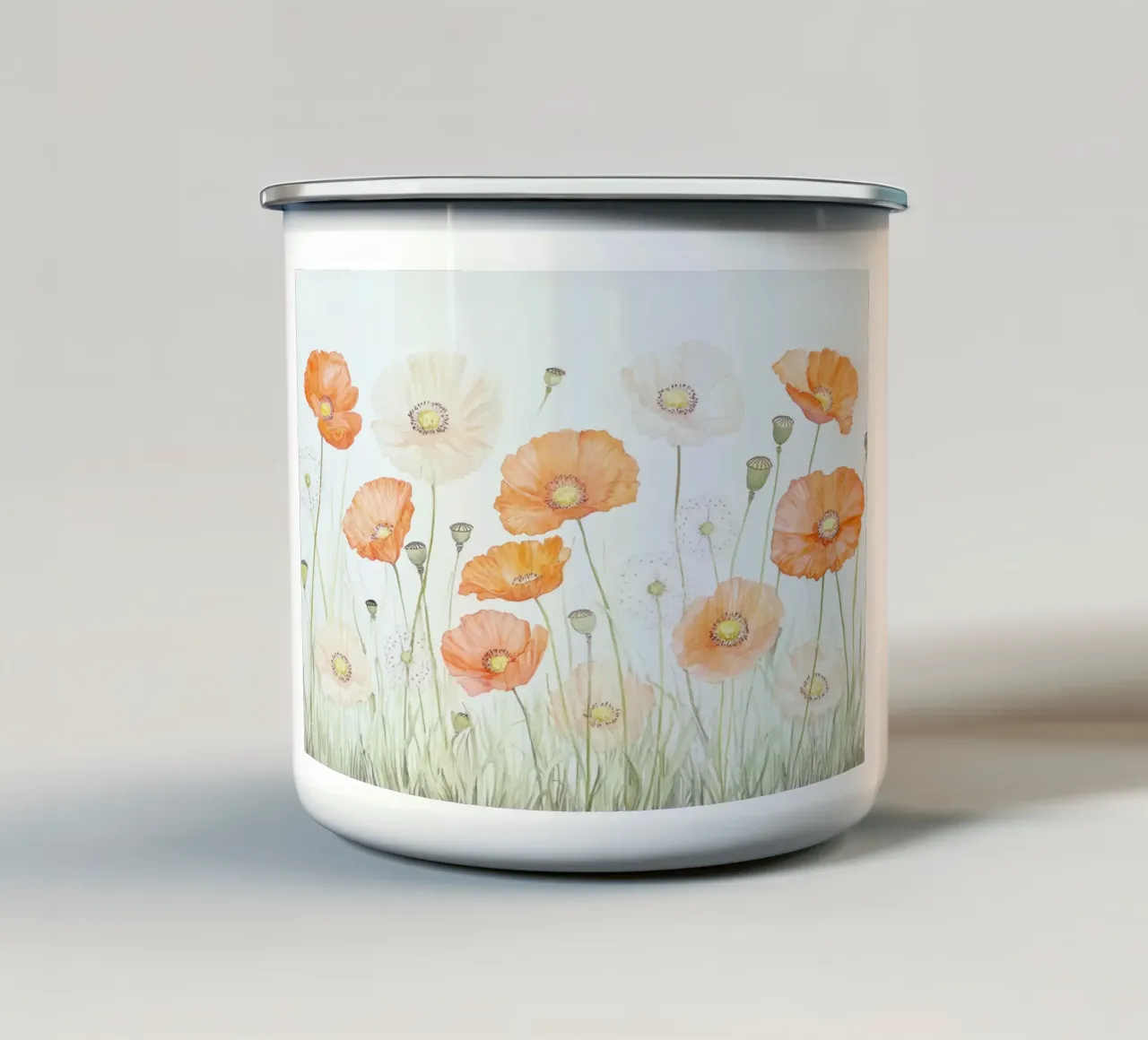 Aquarel klaprozen paardenbloem wilde bloemenweide emaille mok van Modern Muse