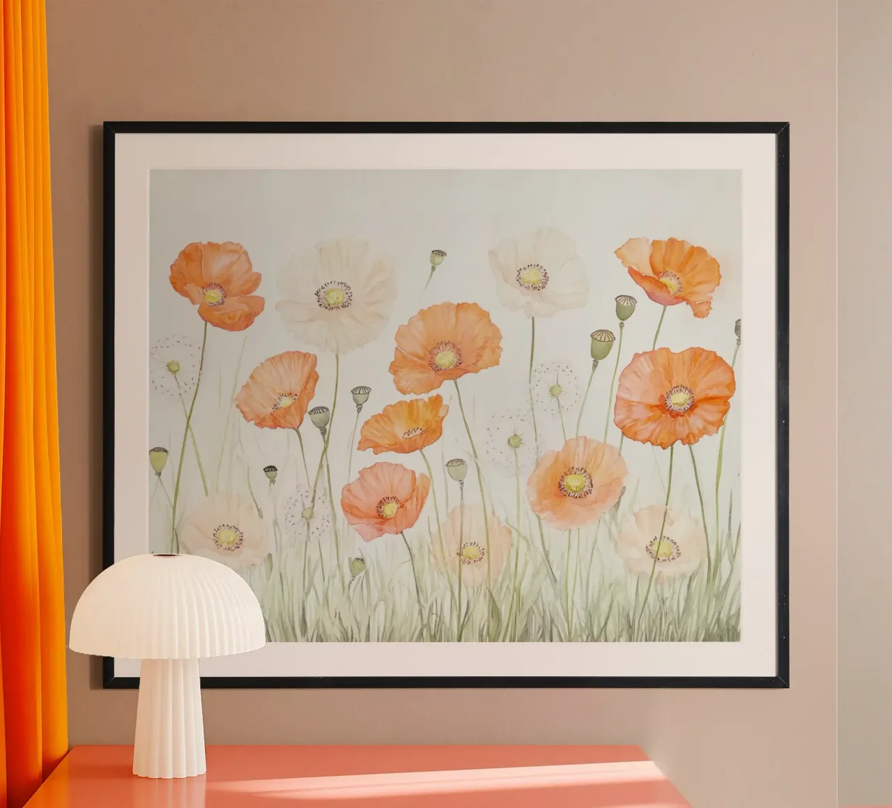 Acuarela Amapolas Diente de león Pradera de flores silvestres poster con marco de madera de Modern Muse