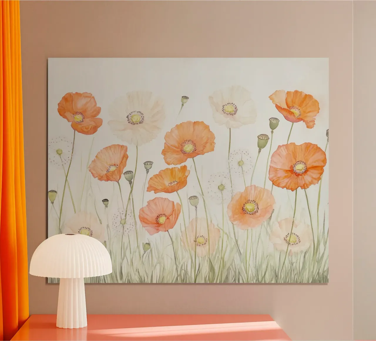 Acuarela Amapolas Diente de león Pradera de flores silvestres poster con marco de madera de Modern Muse