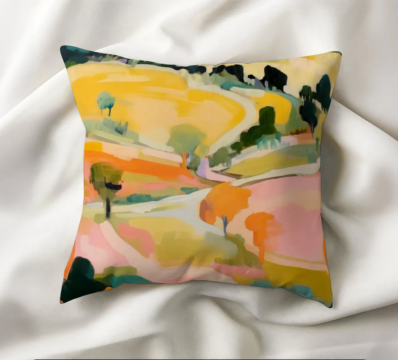 Blush Summer Trails - Paesaggio impressionista astratto cuscino da Modern Muse