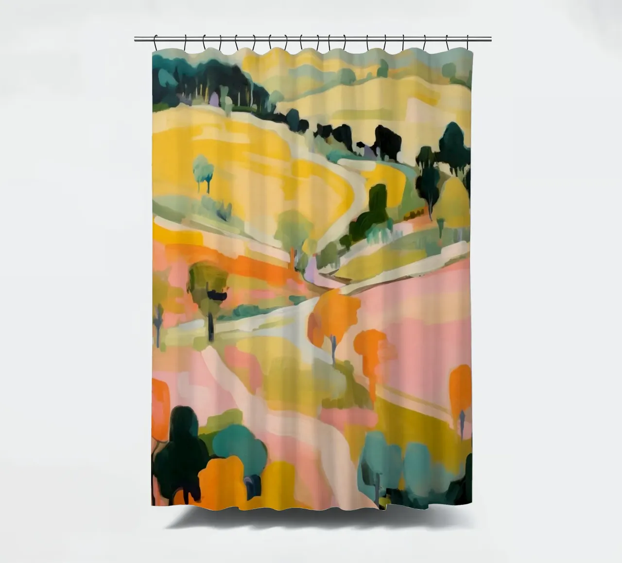 Blush Summer Trails – Abstract Impressionist Landscape shower curtain by Modern Muse