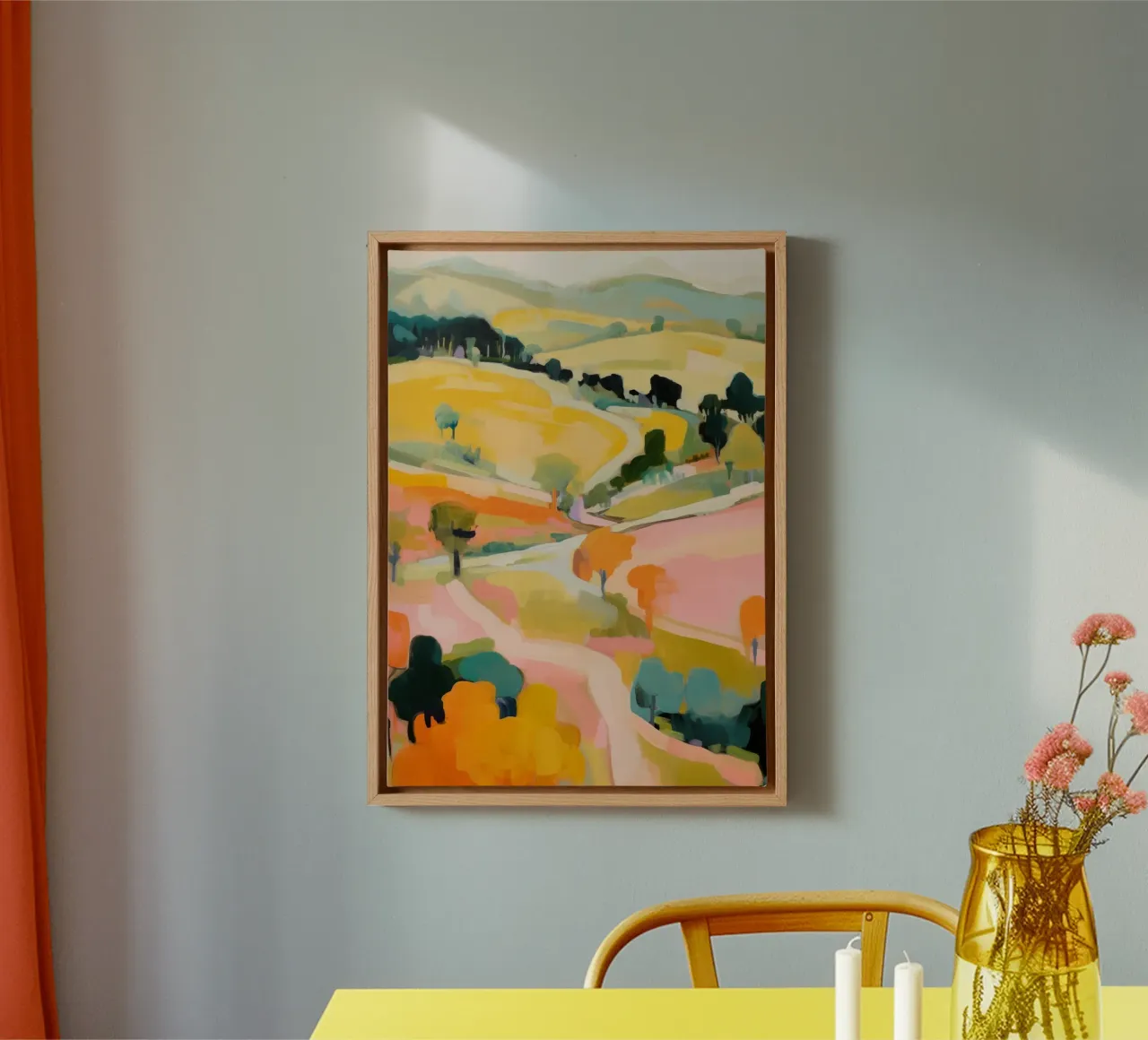 Blush Summer Trails - Abstract impressionistisch landschap canvas met Baklijst van Modern Muse