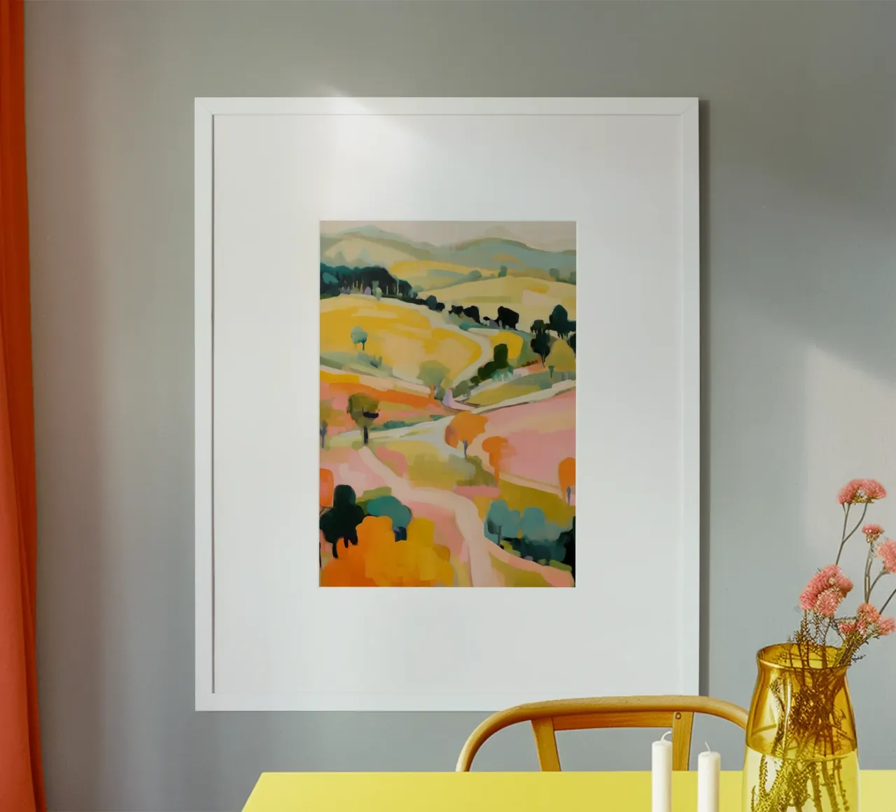 Blush Summer Trails - Abstract impressionistisch landschap poster met houten frame van Modern Muse