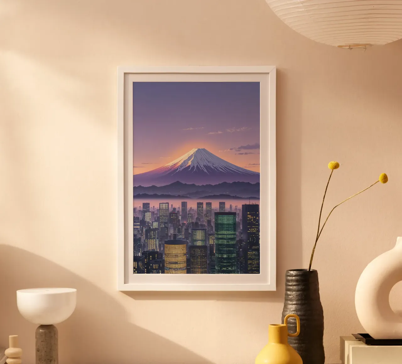 A Dreamy View of Mount Fuji in the Evening poster con telaio in legno da AlbertKlee